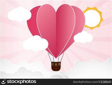 illustration of love and valentine day,Origami made hot air balloon flying over cloud with heart float on the sky.paper art style.