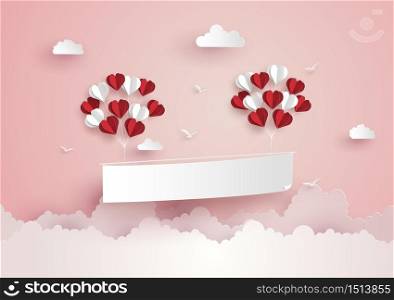 Illustration of Love and Valentine Day,Paper hot air balloon heart shape floating on the sky , Paper art and craft style.
