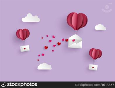 Illustration of Love and Valentine Day,Paper hot air balloon heart shape hang envelope floating on the sky , Paper art and craft style.