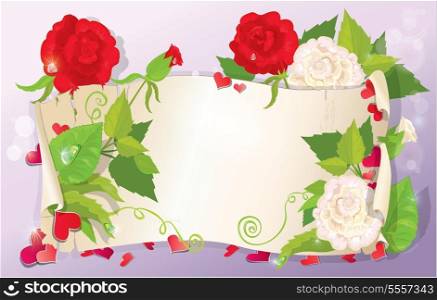 illustration of love letter with hearts and flowers - rose, daisy, bluebell, violet on pink background, horizontal format