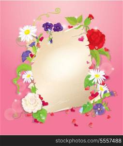 illustration of love letter with hearts and flowers - rose, daisy, bluebell, violet on pink background