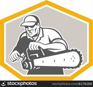 Illustration of lumberjack arborist tree surgeon holding a chainsaw set inside crest shield shape facing front on isolated white background done in retro style.. Tree Surgeon Arborist Holding Chainsaw Shield