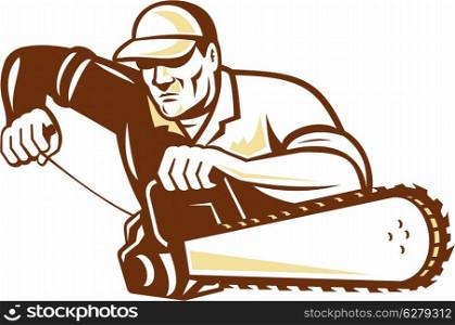 Illustration of lumberjack arborist tree surgeon holding a chainsaw starting motor on isolated white background.