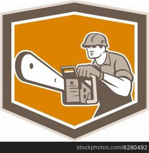 Illustration of lumberjack arborist tree surgeon operating a chainsaw viewed from front set inside crest shield shape on isolated white background done in retro style.. Arborist Lumberjack Operating Chainsaw Shield