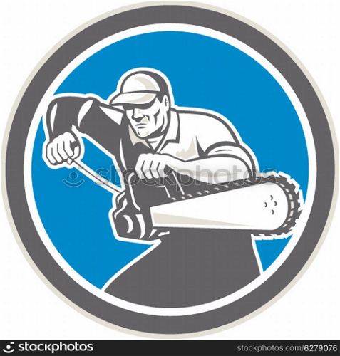 Illustration of lumberjack arborist tree surgeon revving up chainsaw viewed from front set inside circle on isolated white background.. Arborist Revving Up Chainsaw Retro