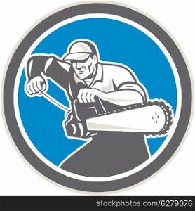 Illustration of lumberjack arborist tree surgeon revving up chainsaw viewed from front set inside circle on isolated white background.. Arborist Revving Up Chainsaw Retro