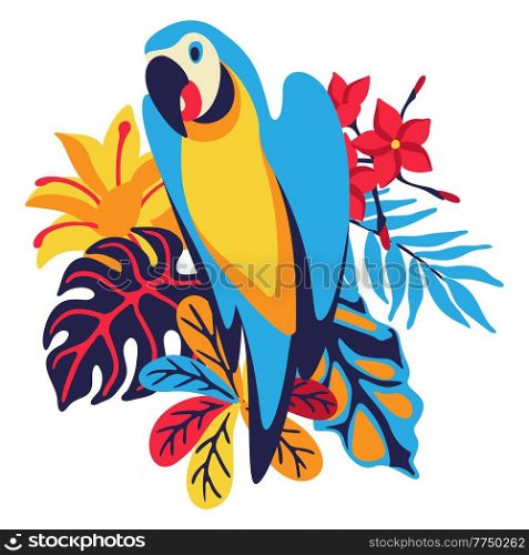 Illustration of macaw parrot with tropical plants. Exotic decorative bird, flowers anf leaves. Stylized image for design.. Illustration of macaw parrot with tropical plants. Exotic decorative bird, flowers anf leaves.