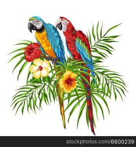 Illustration of macaw parrots. Tropical exotic bird, palm leaves and hibiscus flowers.. Illustration of macaw parrots.