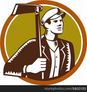 Illustration of male gardener landscaper horticulturist holding grub hoe looking to the side set inside circle on isolated background done in retro woodcut style. . Gardener Landscaper Grub Hoe Woodcut