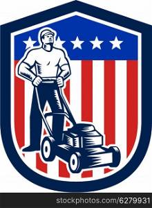 Illustration of male gardener mowing with lawn mower in american flag stars stripes set inside a shield done in retro woodcut style. . Gardener Mowing Lawn Mower Flag Retro