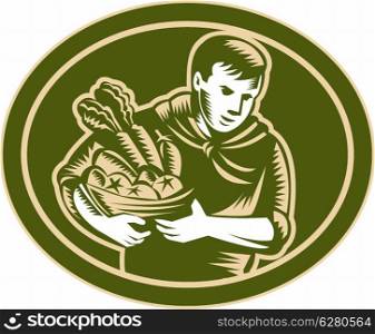 Illustration of male organic farmer gardener horticulturist with basket full of crop harvest, fruits and vegetables set inside oval done in retro woodcut style.