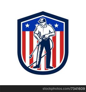 Illustration of male worker with pressure washer chemical washing using high-pressure water spray with USA American stars stripes flag set inside shield done in retro woodcut style. . American Pressure Washing USA Flag Shield Retro