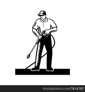 Illustration of male worker with pressure washer chemical washing using high-pressure water spray viewed from front done in retro woodcut Black and White style. . Power Washer Pressure Washing Woodcut Retro Black and White