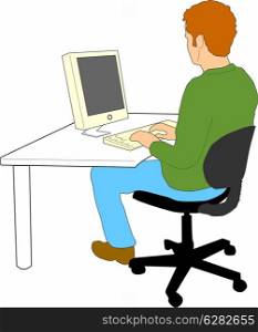 Illustration of man typing on computer set in white background done in retro style. . Man Typing Computer