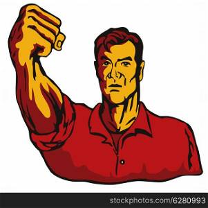 Illustration of man with clenched fist upwards isolated on white background done in retro style.