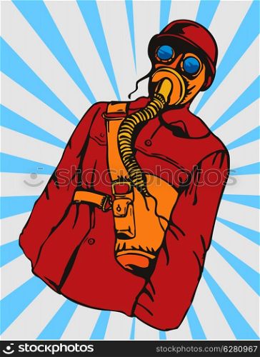 Illustration of man with gas mask sunburst in the background done in retro style. . Man with Gas Mask