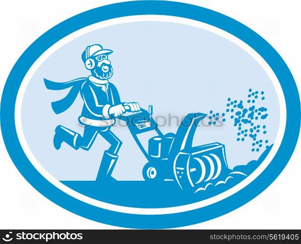 Illustration of man with snow blower set inside oval shape on isolated background done in cartoon style.. Man With Snow Blower Oval Cartoon