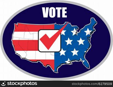 illustration of map of United States of America with stars and stripes American flag and tick mark and words vote . American election map of USA vote