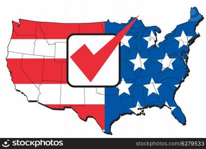 illustration of map of United States of America with stars and stripes American flag and tick mark. American election map of USA