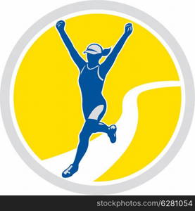 Illustration of marathon triathlete runner running arms raised winning finishing race set inside circle on isolated background done in retro style.. Female Triathlete Marathon Runner Retro