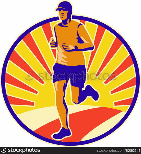 Illustration of marathon triathlete runner running done in retro style.