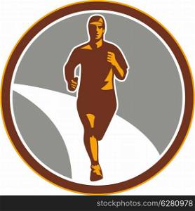 Illustration of marathon triathlete runner running facing front view set inside circle on isolated done in retro style.. Marathon Runner Front Circle Retro