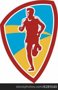 Illustration of marathon triathlete runner running facing front view set inside shield crest on isolated done in retro style.. Marathon Runner Shield Retro