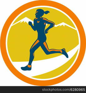 Illustration of marathon triathlete runner running winning finishing race set inside circle on isolated background done in retro style.. Female Triathlete Runner Running Retro