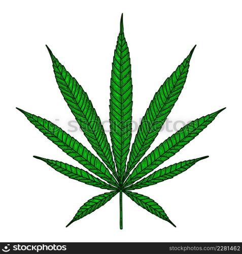 Illustration of marijuana leaf in engraving style. Design element for poster, card, banner, sign. Vector illustration
