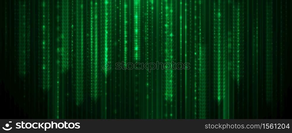 Illustration of matrix style, Arrow sign and stripe line with green light. Vector design speed, movement, motion background. Abstract futuristic, technology concept. Modern digital banner background