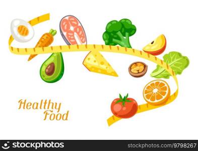 Illustration of measure tape with food. Healthy eating and diet meal. Fruits, vegetables and proteins for proper nutrition. Production and cooking.. Illustration of measure tape with food. Healthy eating and diet meal. Fruits, vegetables and proteins for proper nutrition.