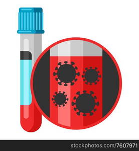 Illustration of medical test tube with blood. Coronavirus molecules Covid-19. Infection with new virus.. Illustration of medical test tube with blood. Coronavirus molecules Covid-19.