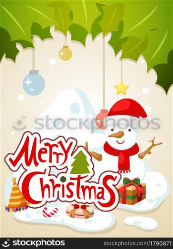 illustration of merry christmas typography and snowman landscape background vector