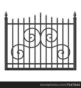 Illustration of metal forged fence. Garden, park or yard hedge section.. Illustration of metal forged fence.