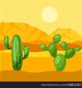 Illustration of mexican desert with cactuses and mountains. Illustration of mexican desert with cactuses and mountains.