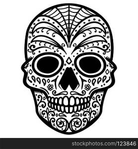 Illustration of mexican sugar skull. Day of the dead. Dia de los muertos. Design element for logo, label, emblem, sign, poster, t shirt. Vector illustration