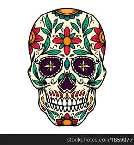 Illustration of mexican sugar skull. Design element for logo, emblem, sign, poster, card, banner. Vector illustration