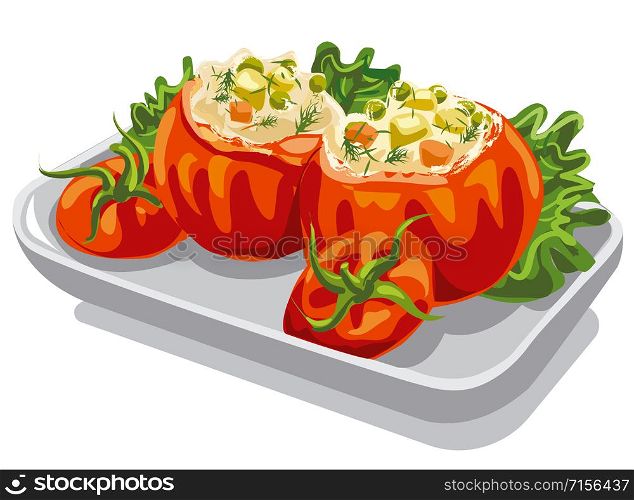illustration of minced tomatoes with salad on plate. stuffed minced tomatoes