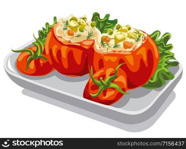 illustration of minced tomatoes with salad on plate. stuffed minced tomatoes