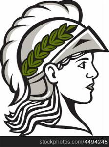Illustration of Minerva or Menrva, the Roman goddess of wisdom and sponsor of arts, trade, and strategy wearing helment and laurel crown head viewed from side set on isolated white background.