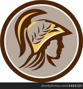 Illustration of Minerva or Menrva, the Roman goddess of wisdom and sponsor of arts, trade, and strategy head wearing helmet with laurel crown viewed from side set inside circle done in retro style.