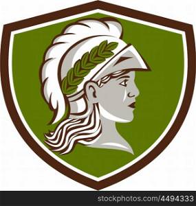 Illustration of Minerva or Menrva, the Roman goddess of wisdom and sponsor of arts, trade, and strategy wearing helment and laurel crown viewed from side set inside shield crest done in retro style.