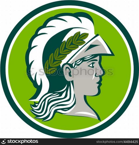 Illustration of Minerva or Menrva, the Roman goddess of wisdom and sponsor of arts, trade, and strategy wearing helmet and laurel crown viewed from side set inside circle on isolated white background done in retro style.