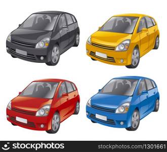 illustration of mini hatchback cars in different colors. mini hatchback cars