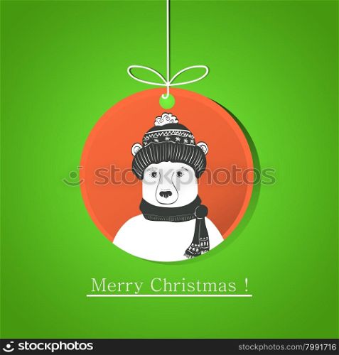 Illustration of modern flat card with doodle bear on Christmas ball