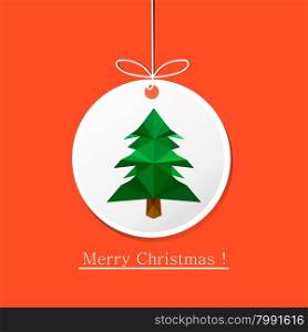 Illustration of modern flat card with origami pine tree on Christmas ball
