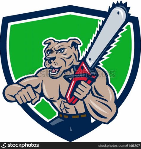 Illustration of mongrel dog lumberjack arborist tree surgeon holding a chainsaw set inside crest on isolated white background done in cartoon style. . Mongrel Lumberjack Tree Surgeon Arborist Chainsaw Crest