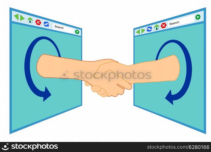 Illustration of monitor screen with internet and hands shaking over window isolated on white background done in retro style. . Internet Handshake Over Window