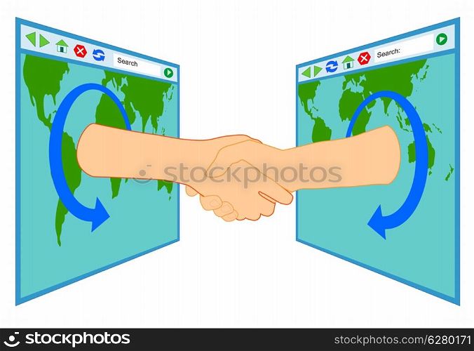 Illustration of monitor screen with map design internet and hands shaking over window isolated on white background done in retro style. . Internet Handshake Over Window