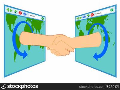 Illustration of monitor screen with map design internet and hands shaking over window isolated on white background done in retro style. . Internet Handshake Over Window